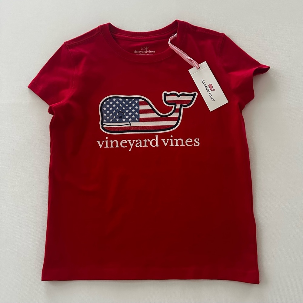 Vineyard Vines S Kids 8-10 Glitter Flag Whale Patriotic Red NWT